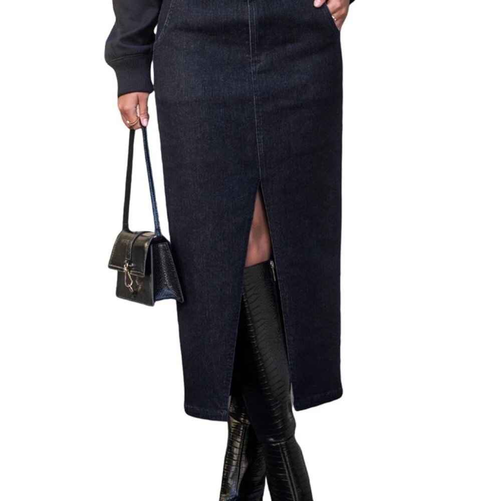 CUPSHE Dark Blue Denim High Waist Midi Skirt - Front Split - SIZE Small NWT